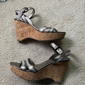 Franco Sarto Florina Cork Wedge Platform Sandals Silver Metallic Strappy 10M 🏷️